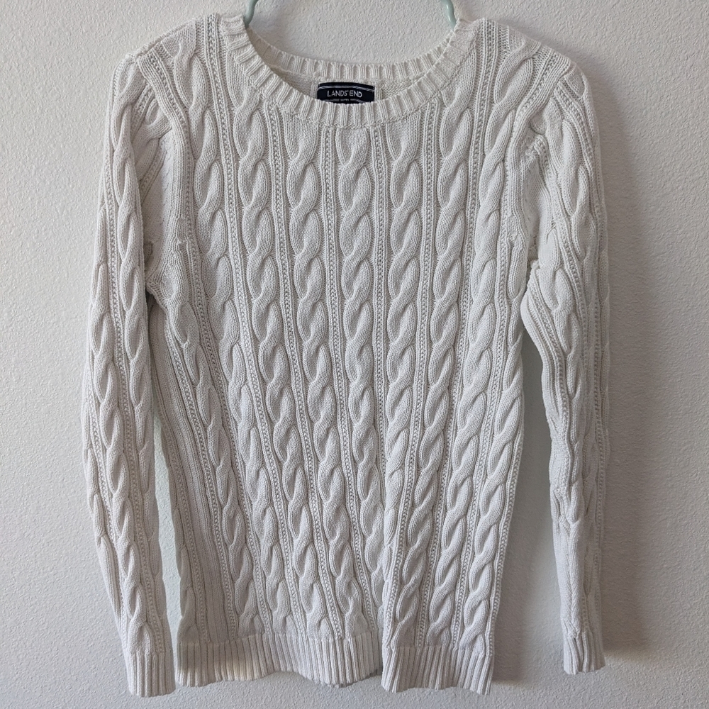 Elegant Lands' End Cable Knit Sweater in Classic White
